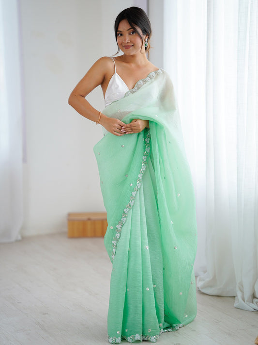 Green Sea Party Wear Chiffon Embellished Saree