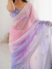Purple Party Wear Tissue Embroidered Saree
