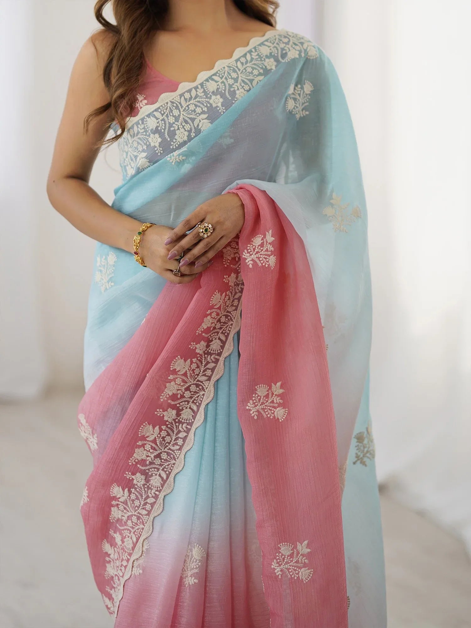 Light Party Wear Tissue Embroidered Saree