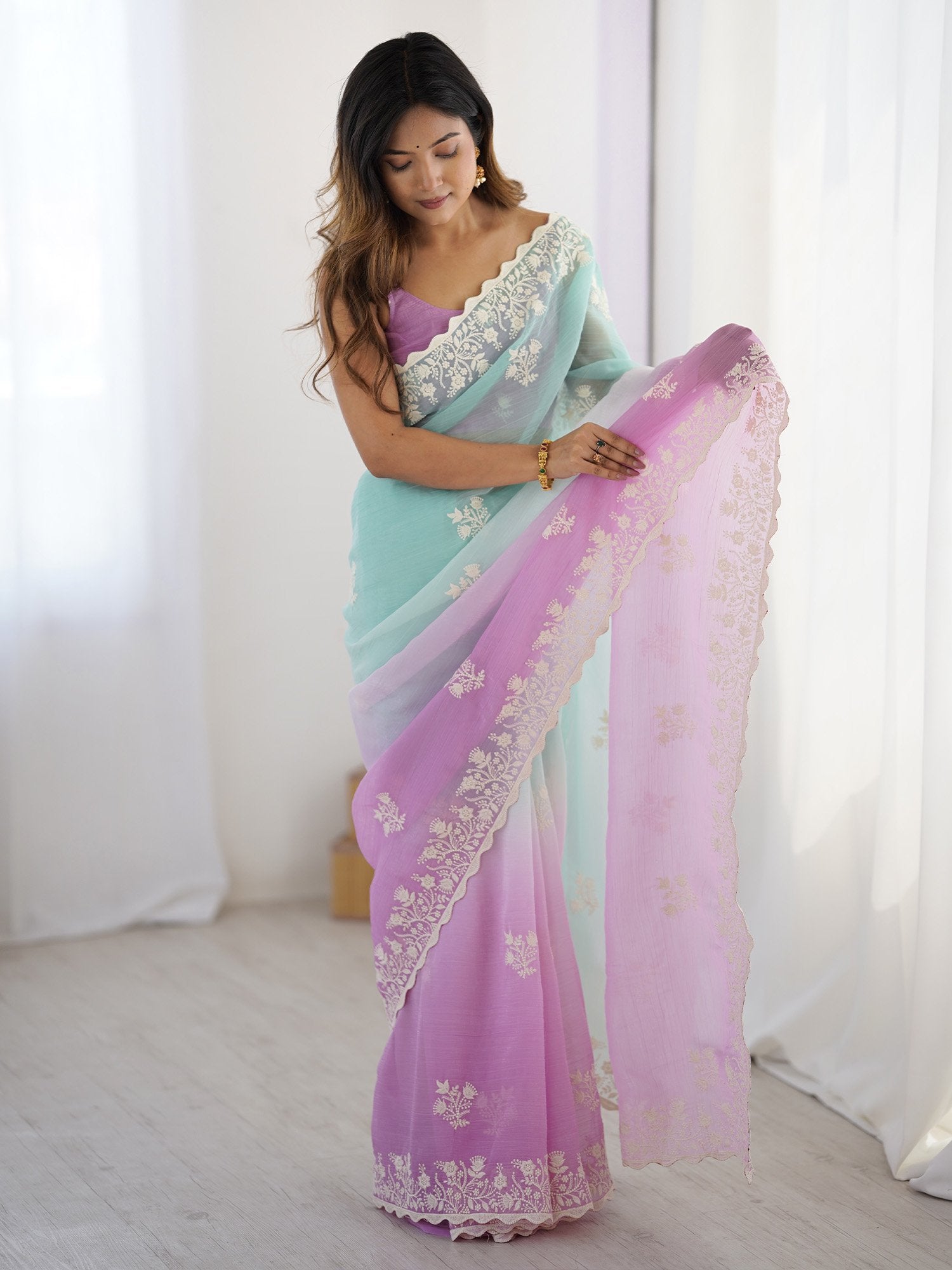 Turquoise Party Wear Tissue Embroidered Saree