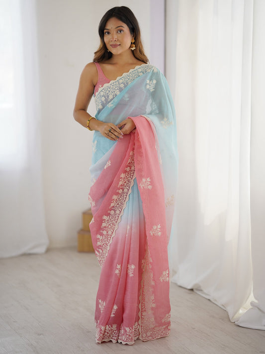 Blue Light Party Wear Tissue Embroidered Saree
