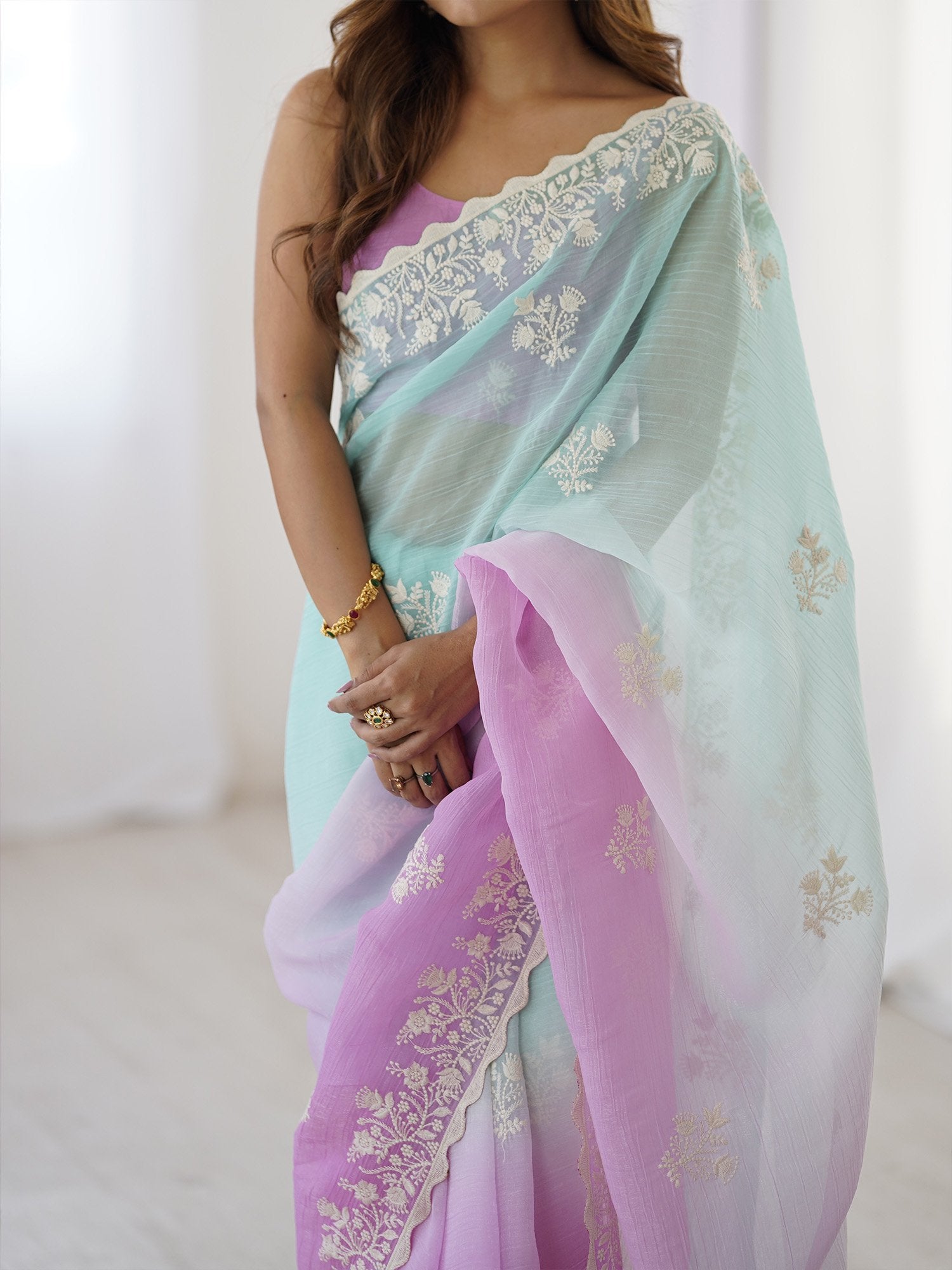 Turquoise Party Wear Tissue Embroidered Saree