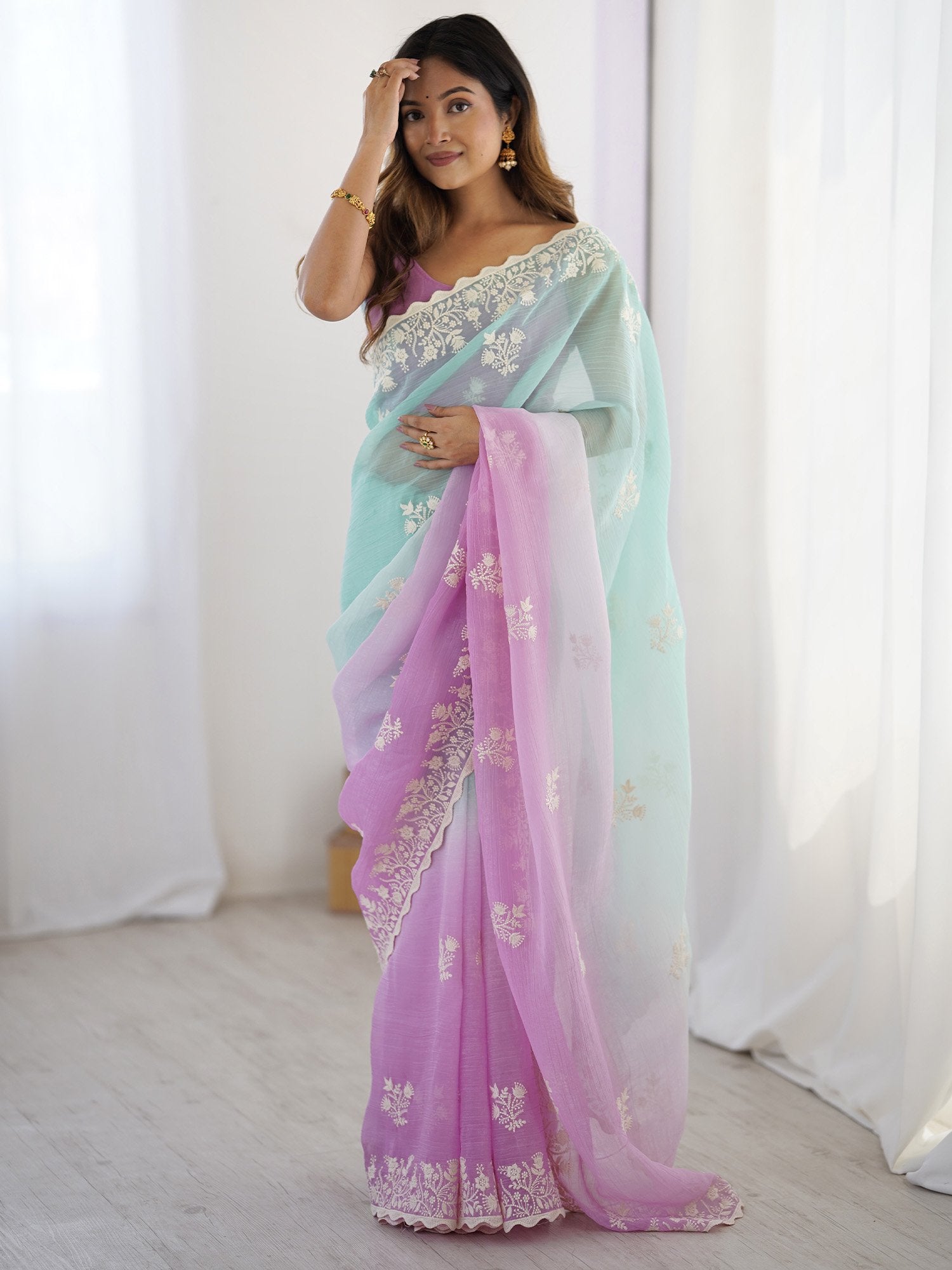 Blue Turquoise Party Wear Tissue Embroidered Saree