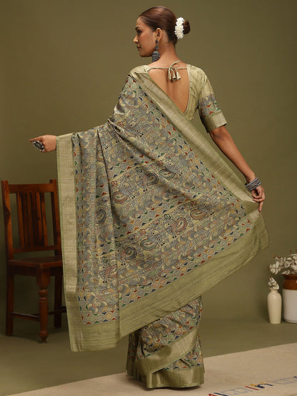 Light Block Print Satin Silk Digital Print Saree