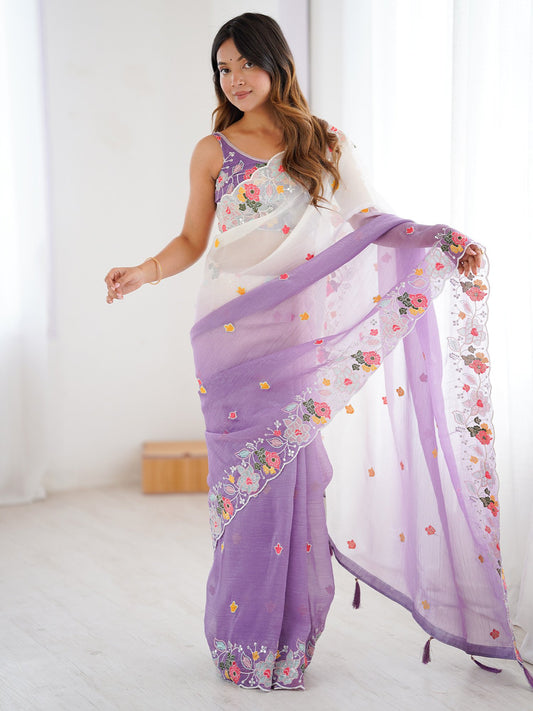 Purple Purple Party Wear Chiffon Embellished Saree