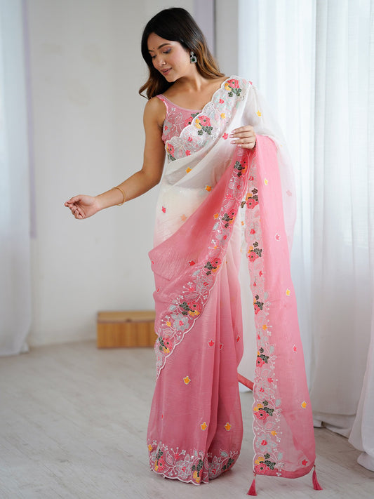 Pink Pink Party Wear Chiffon Embellished Saree