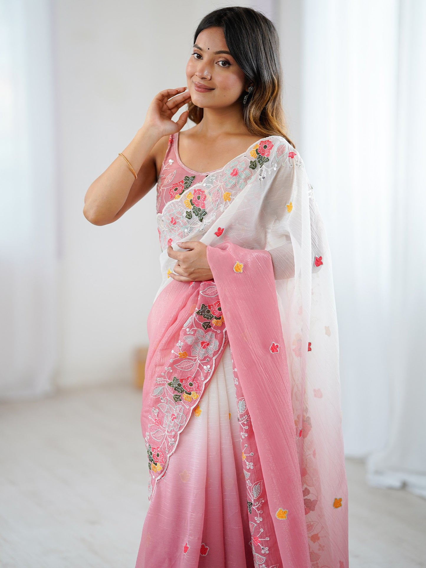 Pink Party Wear Chiffon Embellished Saree