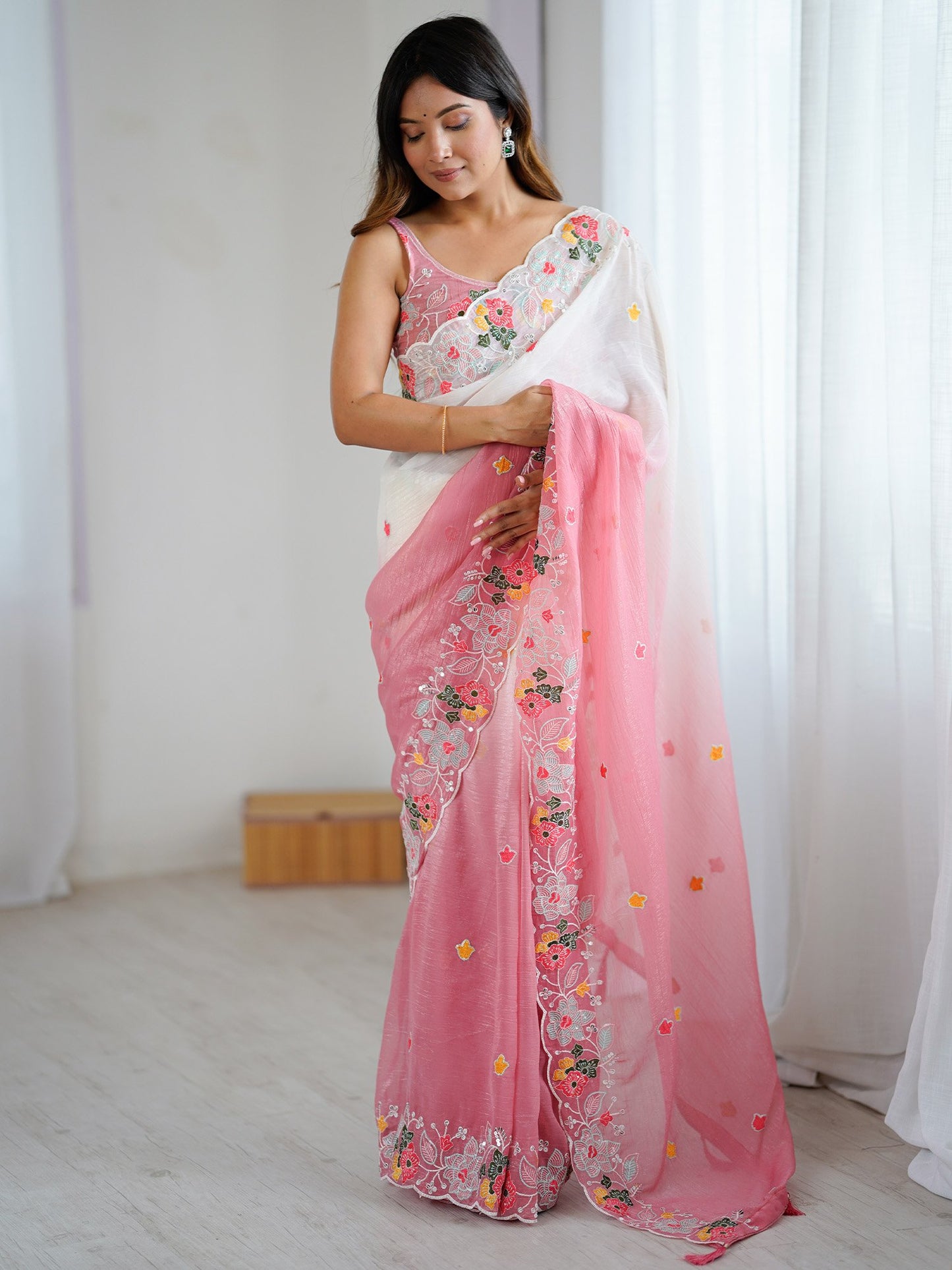 Pink Party Wear Chiffon Embellished Saree