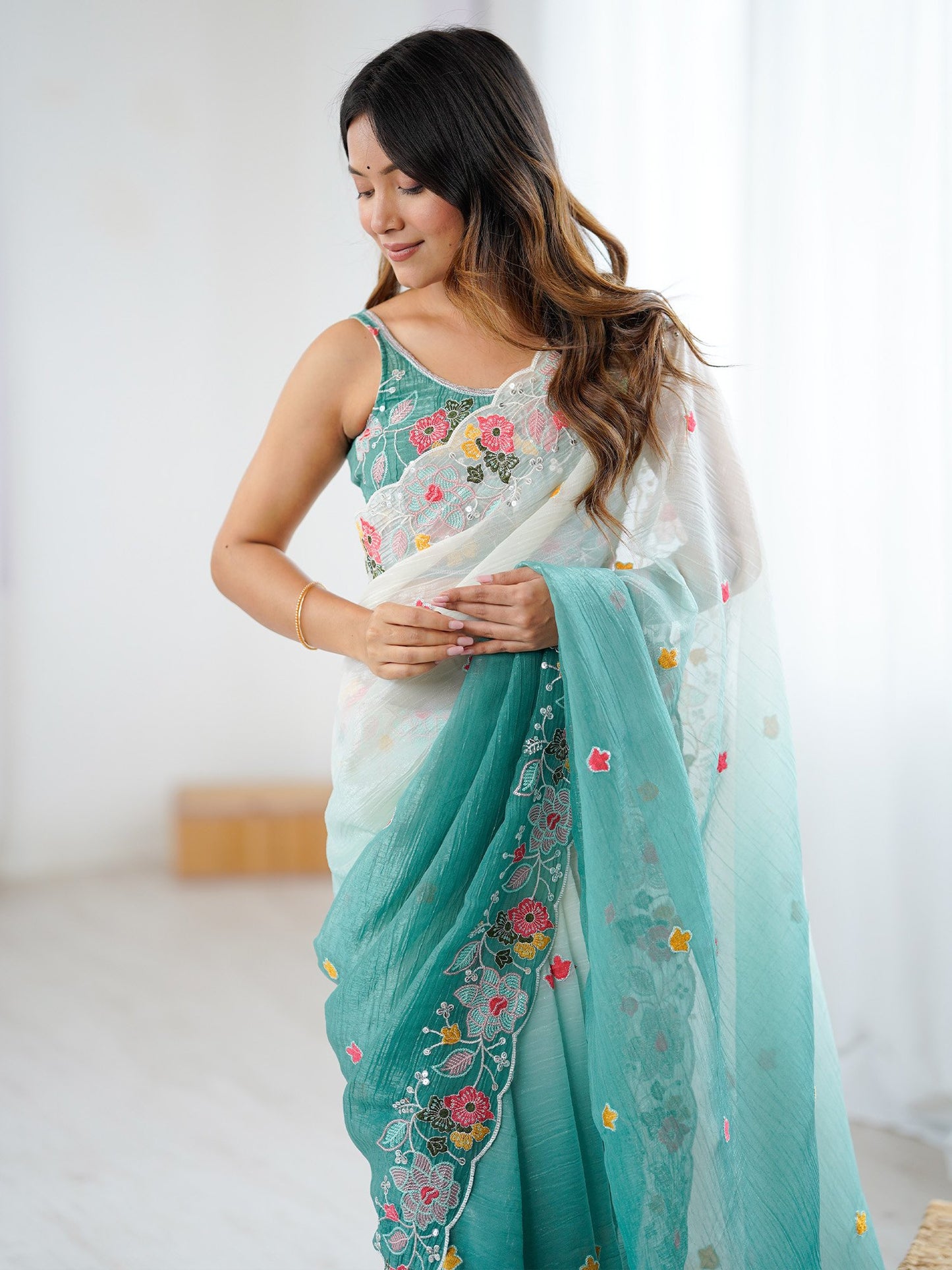 Teal Party Wear Chiffon Embellished Saree