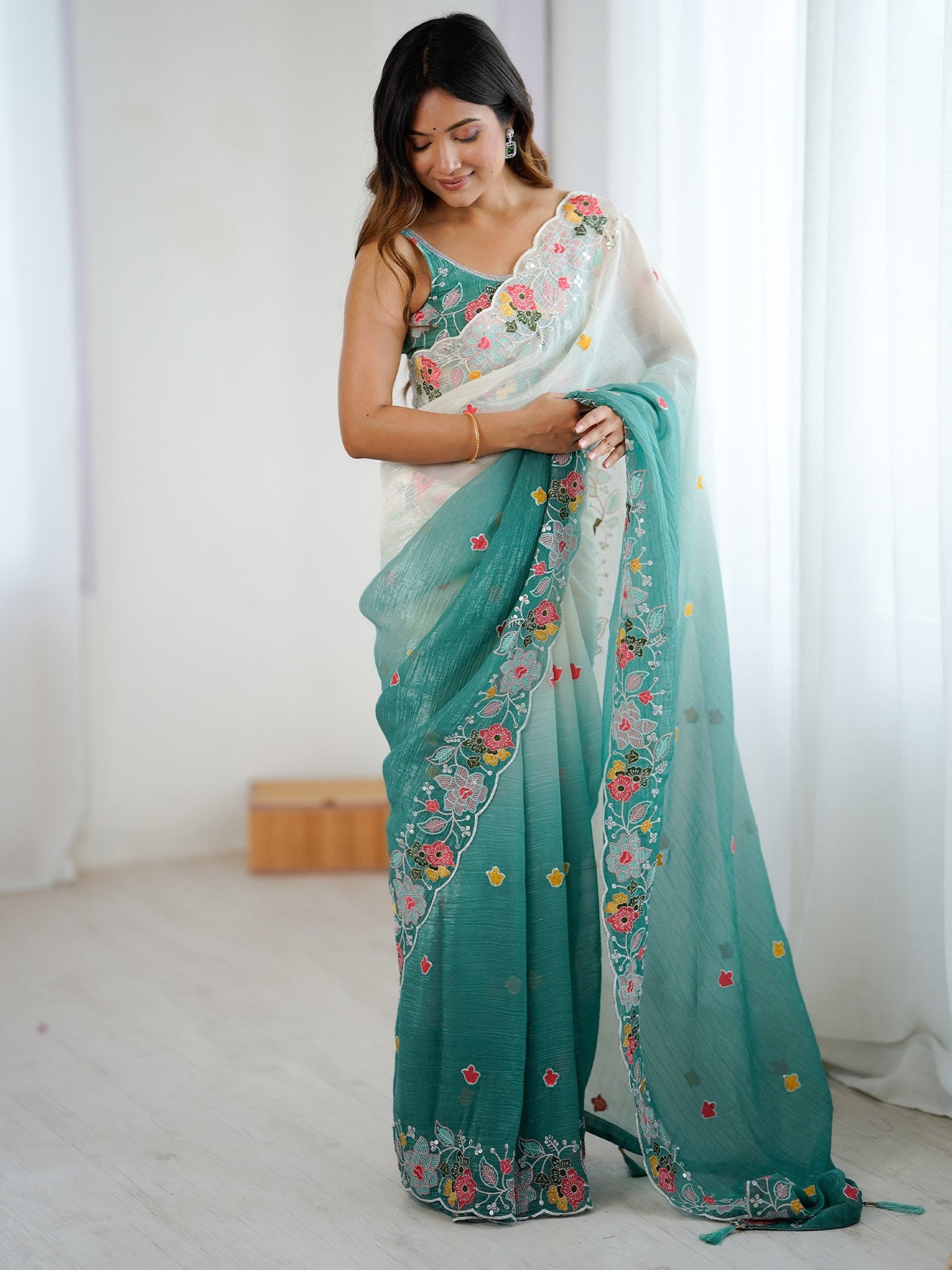 Teal Party Wear Chiffon Embellished Saree