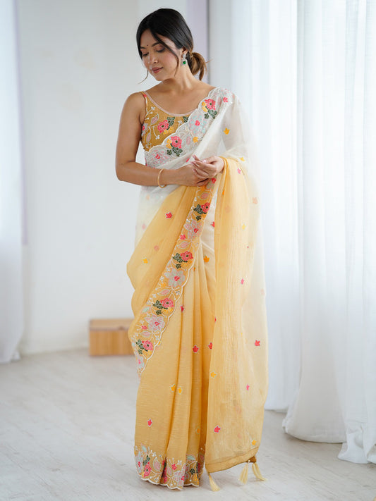 Yellow Mustard Party Wear Chiffon Embellished Saree