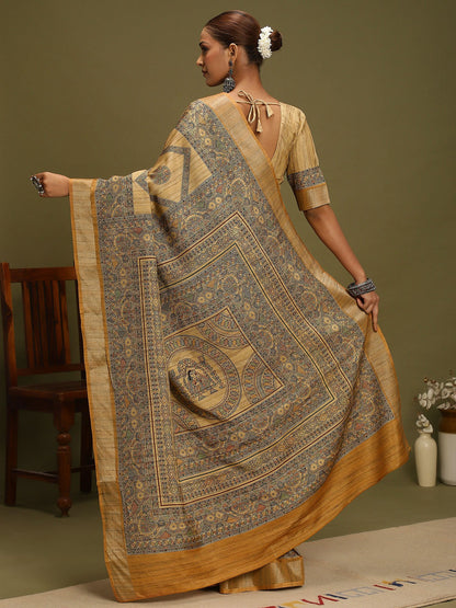 Mustard Block Print Satin Silk Digital Print Saree