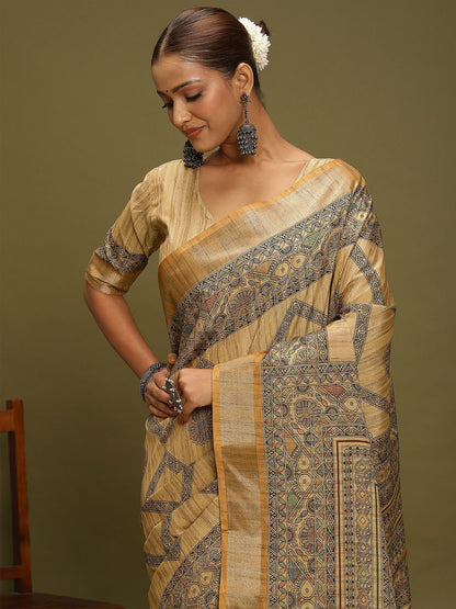 Mustard Block Print Satin Silk Digital Print Saree