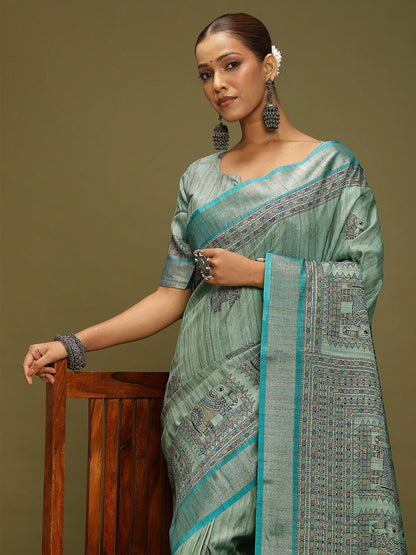 Light Block Print Satin Silk Digital Print Saree