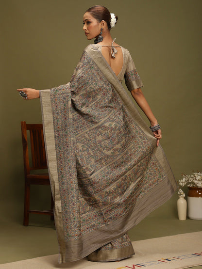 Beige Block Print Satin Silk Digital Print Saree