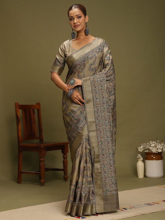 Grey Beige Block Print Satin Silk Digital Print Saree