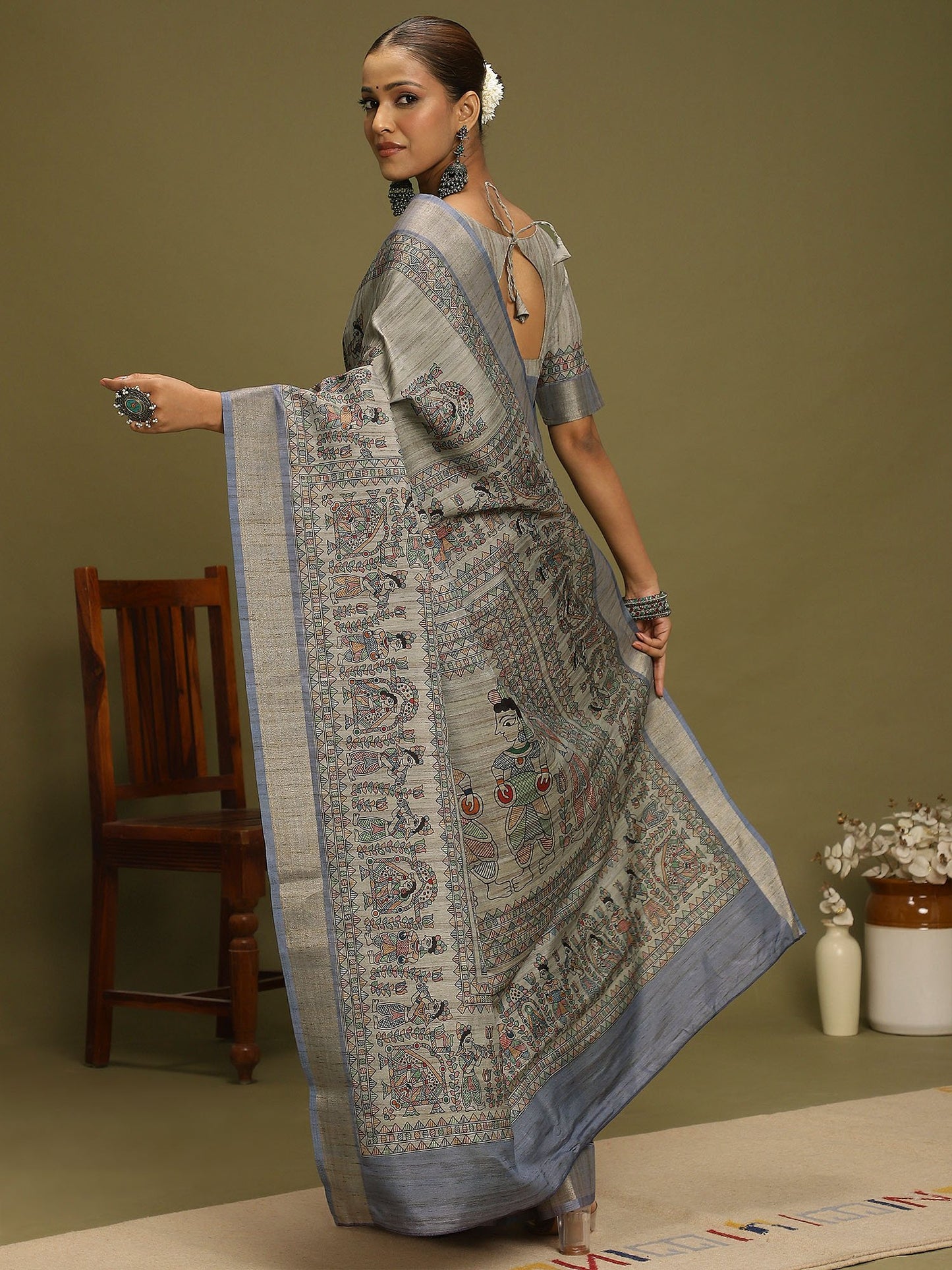 Grey Block Print Satin Silk Digital Print Saree