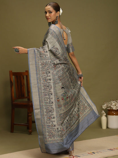 Grey Block Print Satin Silk Digital Print Saree