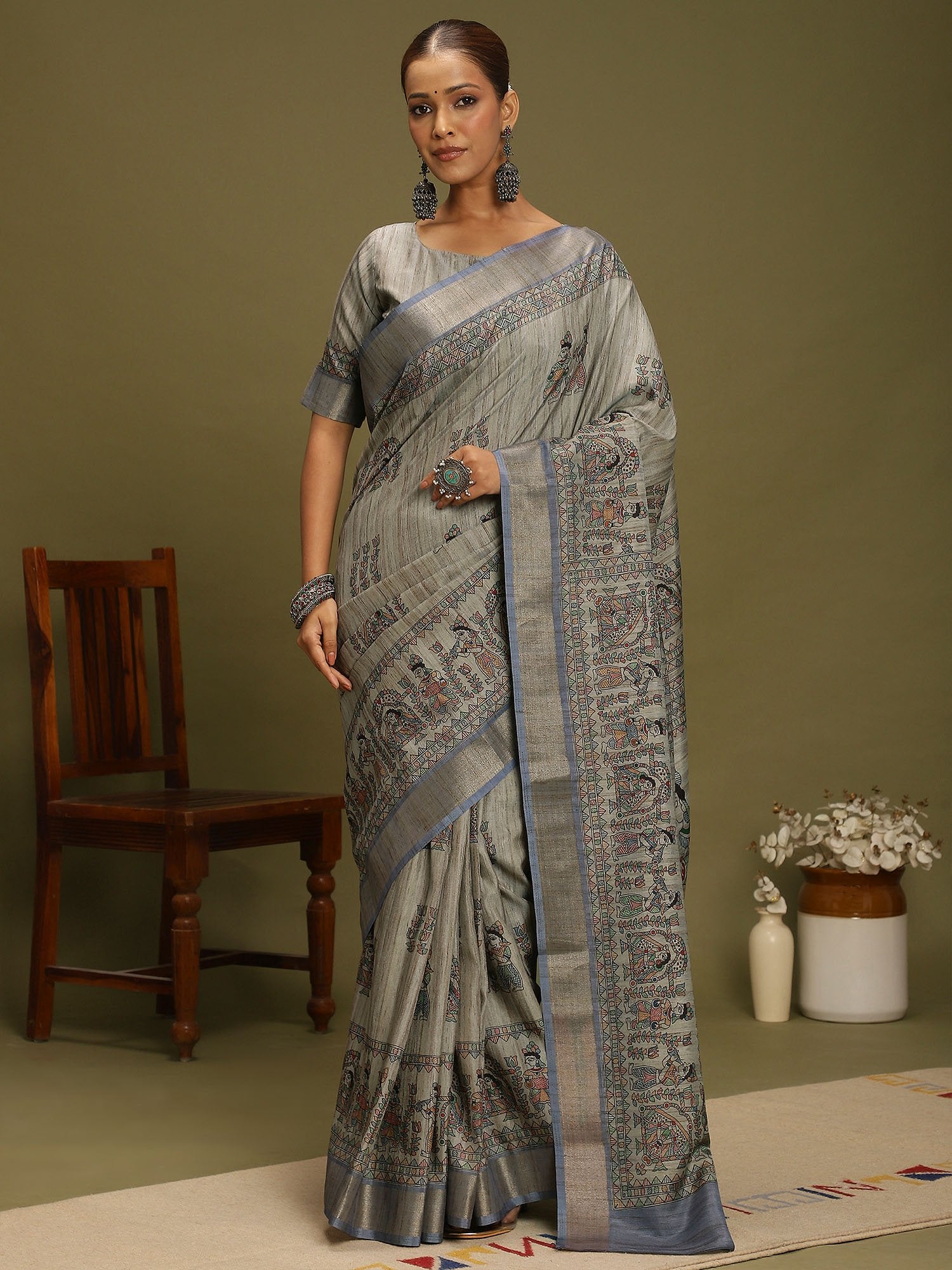 Grey Grey Block Print Satin Silk Digital Print Saree