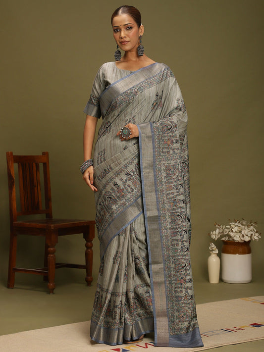 Grey Grey Block Print Satin Silk Digital Print Saree