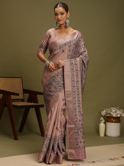 Purple Purple Block Print Satin Silk Digital Print Saree