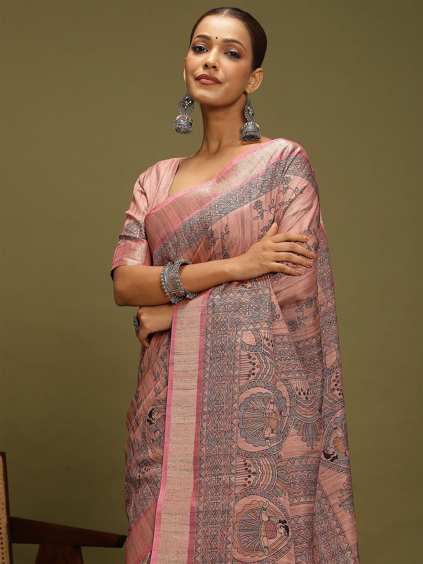 Pink Block Print Satin Silk Digital Print Saree