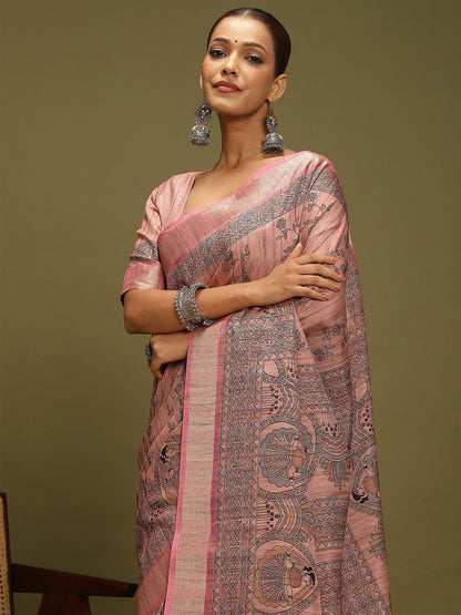 Pink Block Print Satin Silk Digital Print Saree