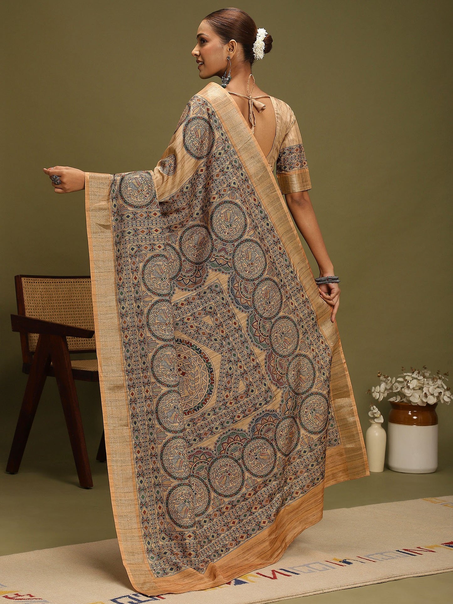 Beige Block Print Satin Silk Digital Print Saree