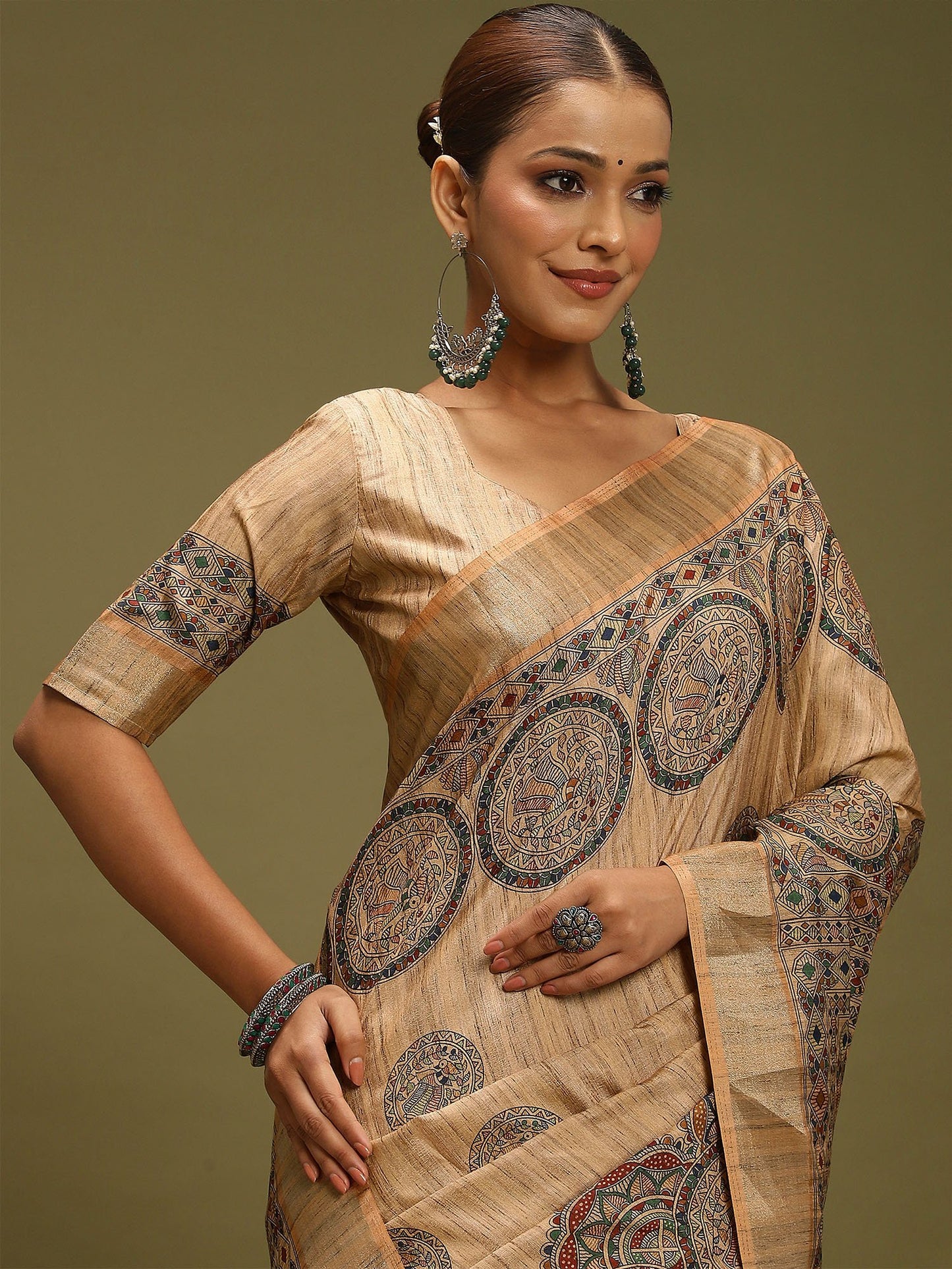 Beige Block Print Satin Silk Digital Print Saree