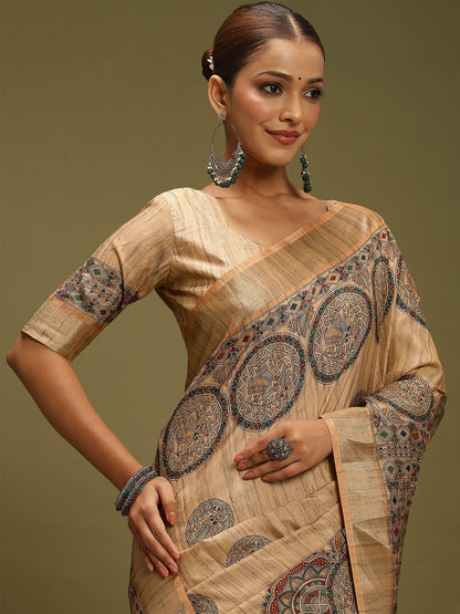 Beige Block Print Satin Silk Digital Print Saree