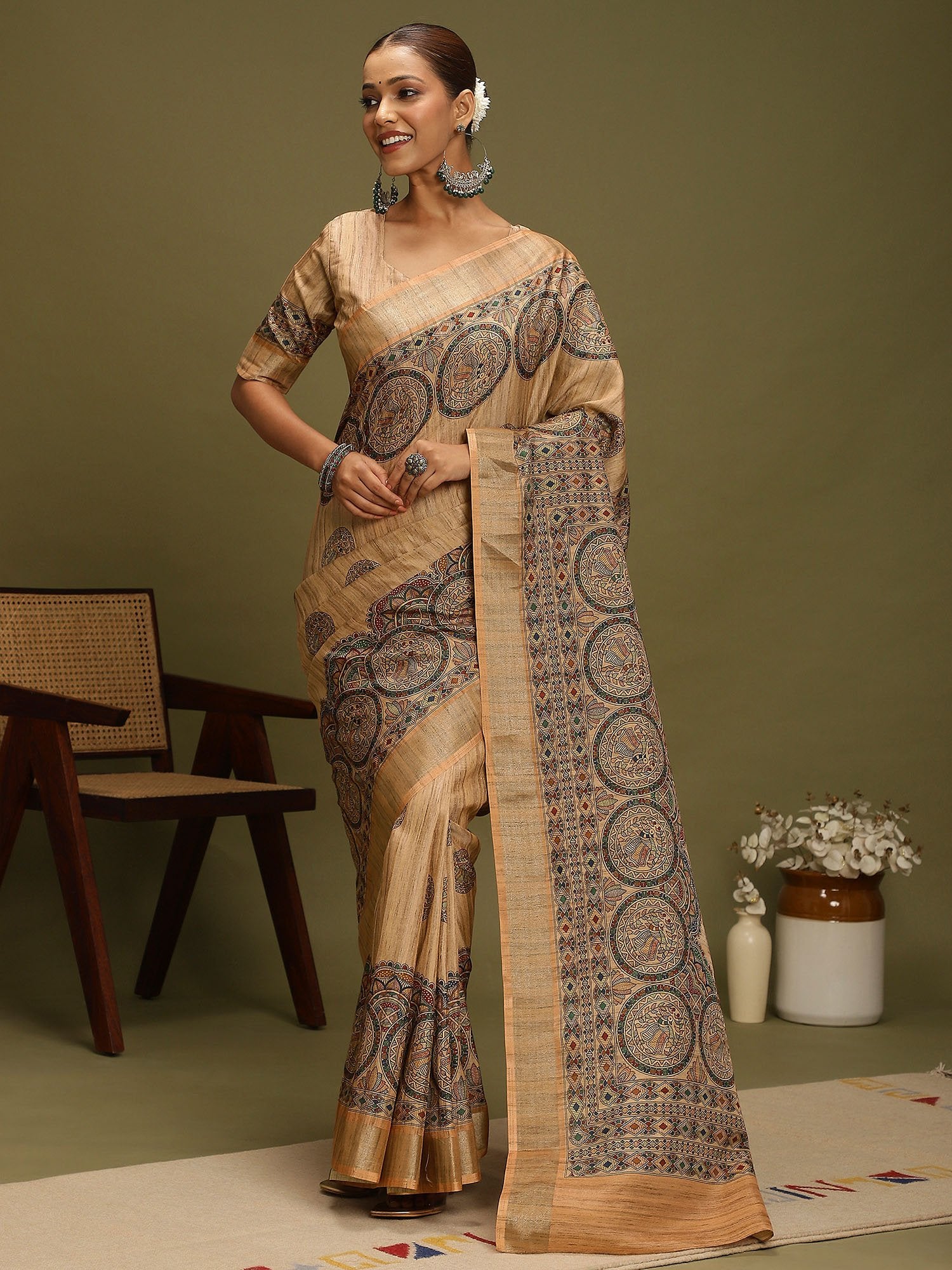 Beige Beige Block Print Satin Silk Digital Print Saree