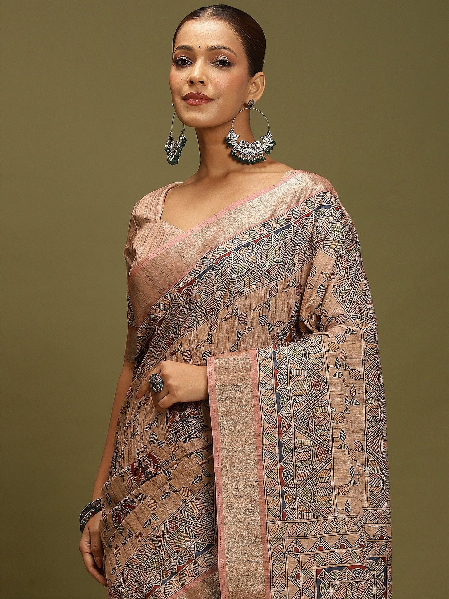 Beige Block Print Satin Silk Digital Print Saree