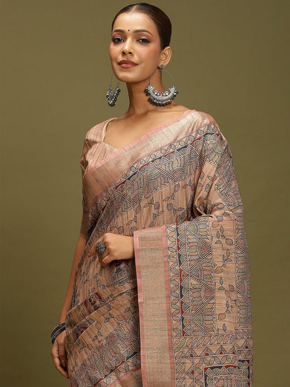 Beige Block Print Satin Silk Digital Print Saree