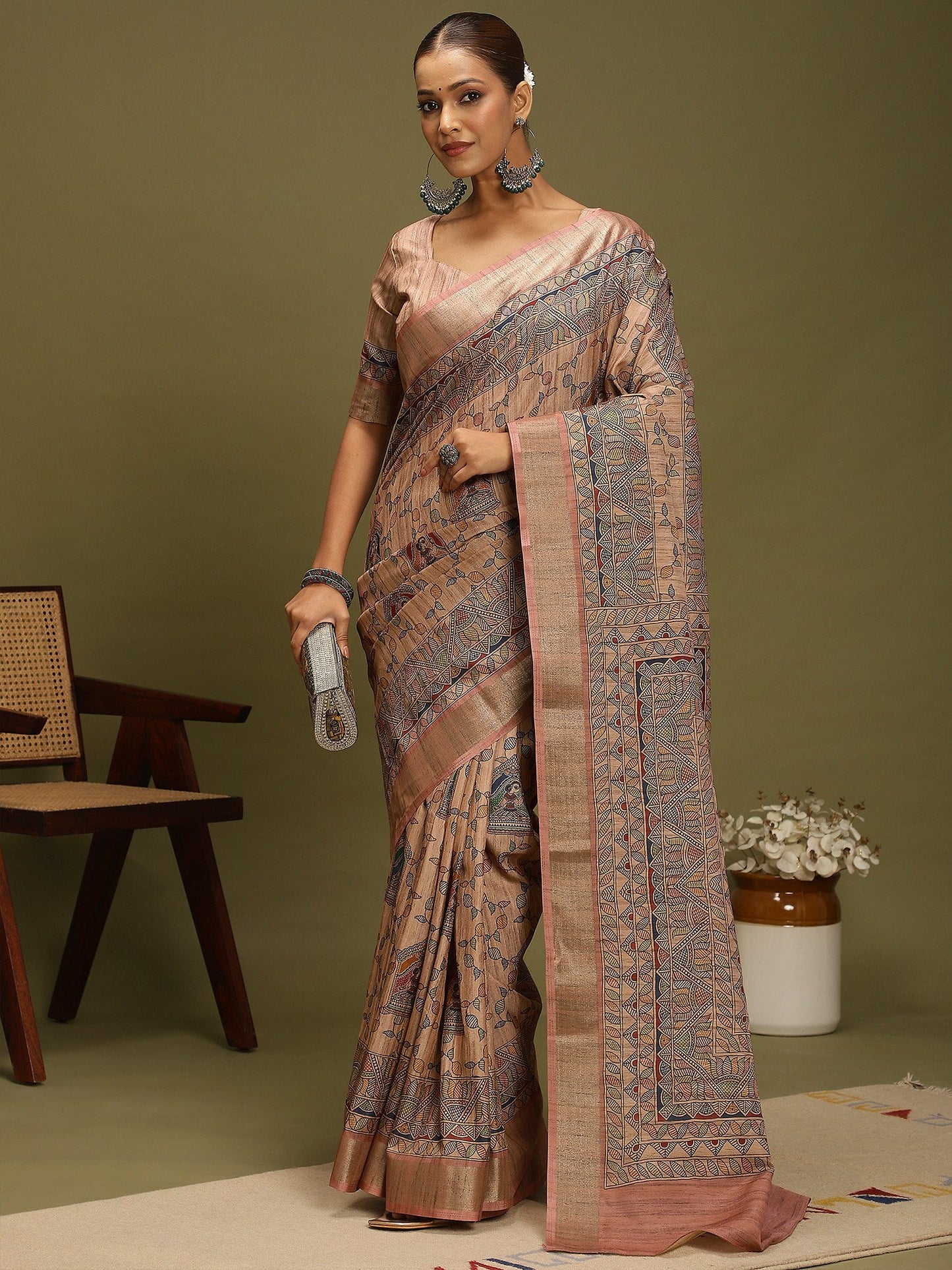 Beige Block Print Satin Silk Digital Print Saree