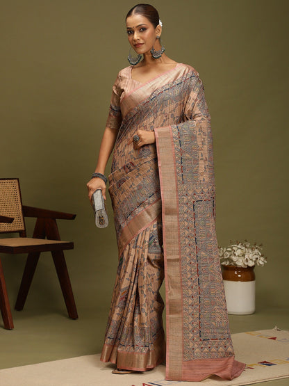 Beige Block Print Satin Silk Digital Print Saree