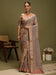 Brown Beige Block Print Satin Silk Digital Print Saree