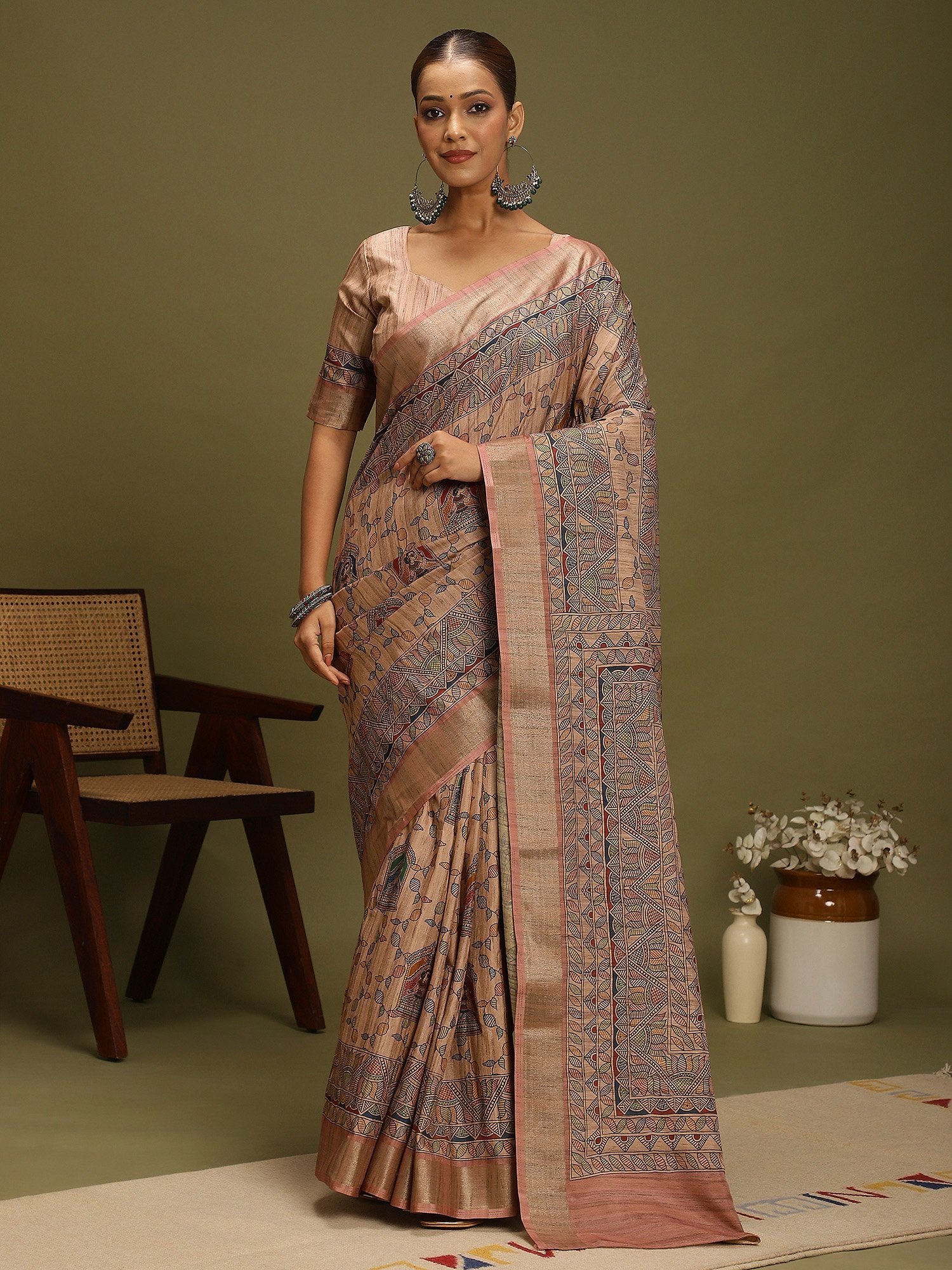 Brown Beige Block Print Satin Silk Digital Print Saree