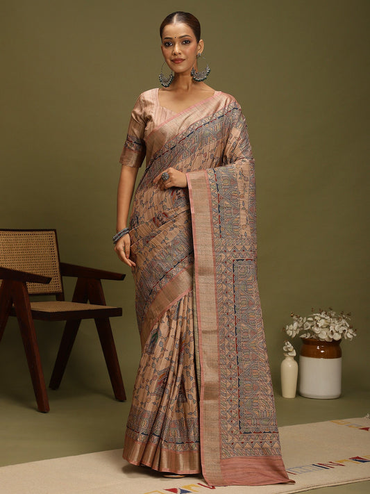 Brown Beige Block Print Satin Silk Digital Print Saree