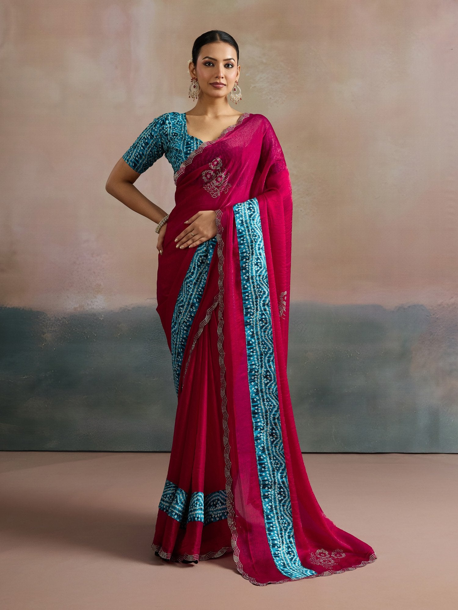 Pink Pink Party Wear Chiffon Embellished Saree