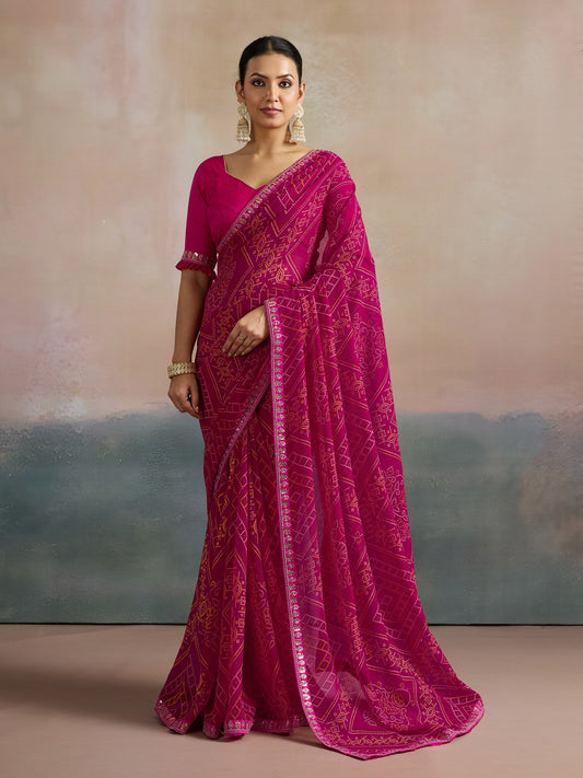 Pink Pink Bandhani Georgette Printed Saree