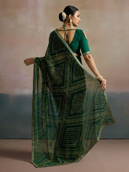 Green Bandhani Georgette Printed Saree