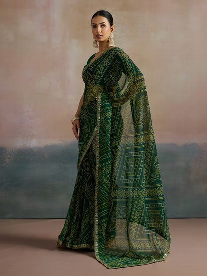 Green Bandhani Georgette Printed Saree