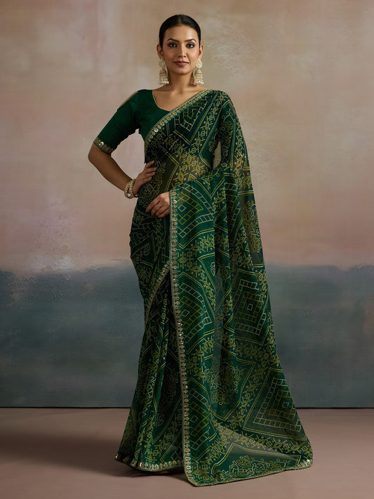 Green Green Bandhani Georgette Printed Saree