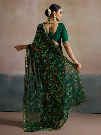 Green Bandhani Georgette Printed Saree