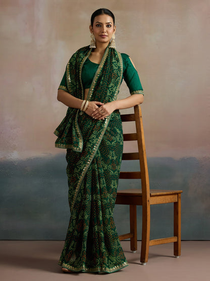 Green Bandhani Georgette Printed Saree