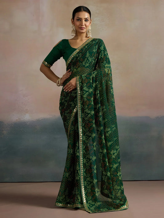 Green Green Bandhani Georgette Printed Saree