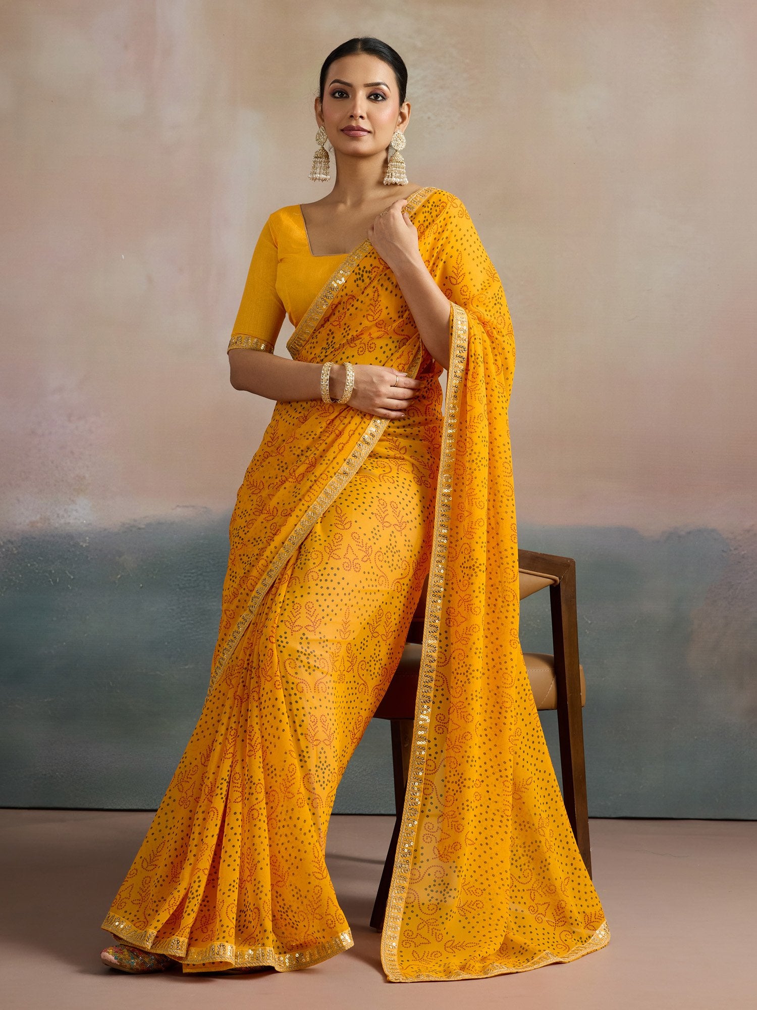 Yellow Bandhani Georgette Printed Saree