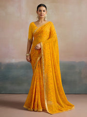 Yellow Yellow Bandhani Georgette Printed Saree