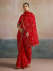 Red Bandhani Georgette Printed Saree