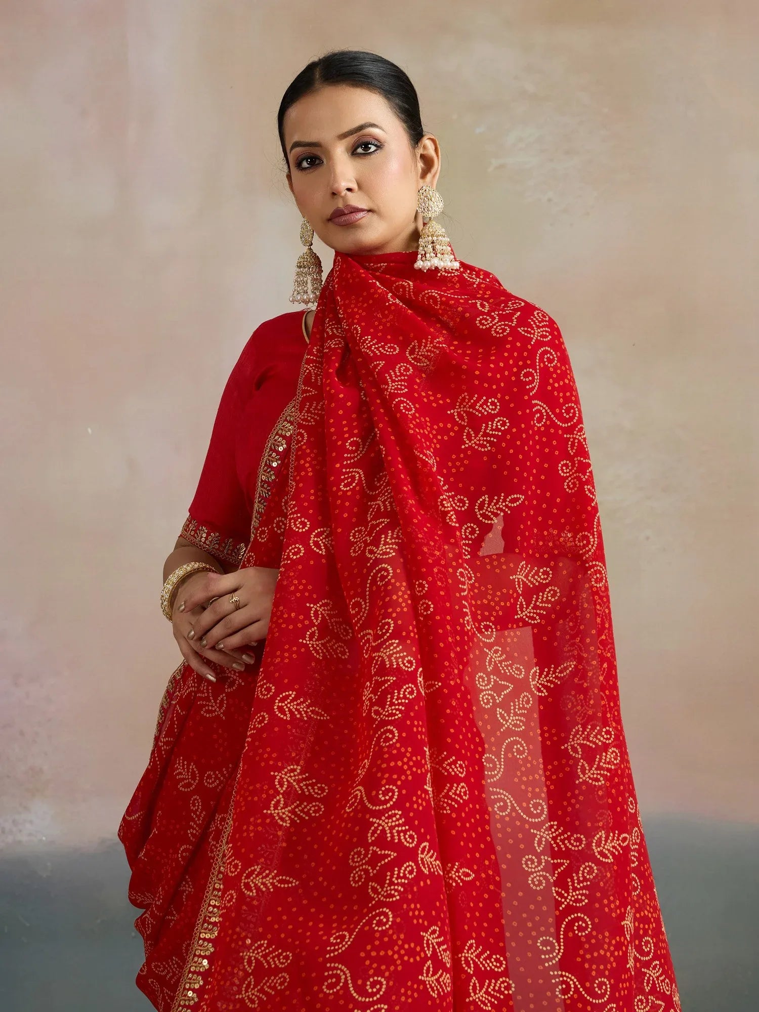Red Bandhani Georgette Printed Saree